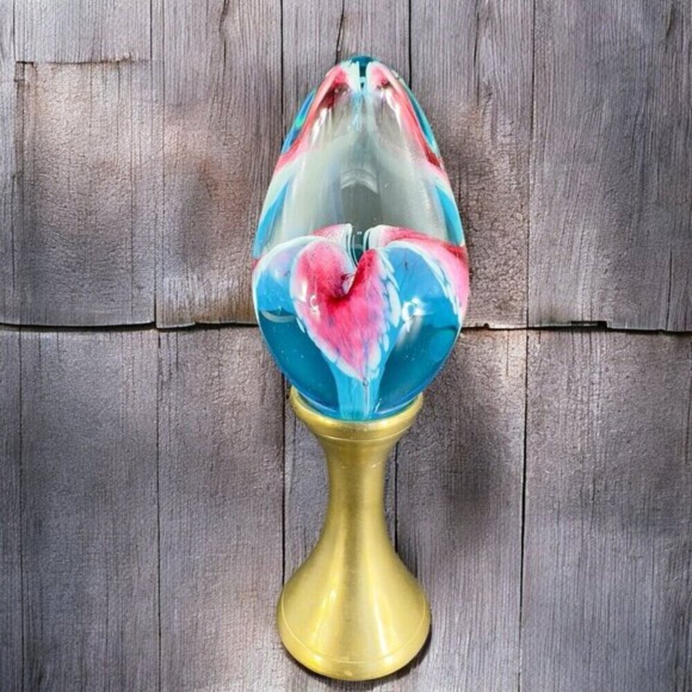 Vintage 1995 GES Glass‎ Eye Studio Egg Shape Paperweight On Brass Stand Figure